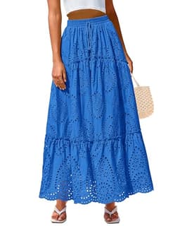BTFBM Women's Boho Casual Skirts Summer 2025 Lace Embroidery Eyelet Elastic Waist Flowy Tiered A-Line Beach Maxi Skirt(Blue, Large)