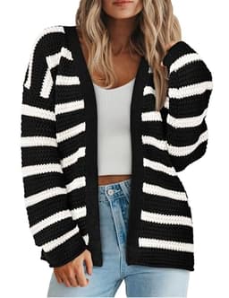 PRETTYGARDEN Women's 2024 Fall Striped Open Front Cardigan Sweaters Chunky Knit Long Sleeve Loose Trendy Winter Cardigans (Striped Black White,Large)