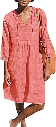 Lafural Womens V Neck Cotton Casual Loose Shift Tunic Smock Summer Dresses Vacation Dress 3/4 Sleeve Pocket Coral L