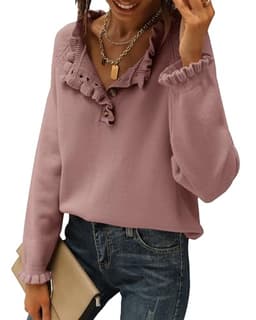 BTFBM Womens Sweaters Fall Winter Clothes 2025 Long Sleeve Button Down Ruffle Crew Neck Casual Knitted Pullover Tops(Solid Pink, Large)