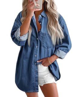 BTFBM Womens Button Down Denim Shirts Fall Lapel V Neck Lightweight Oversized Long Sleeve Thin Casual Blouse Tops Pocket(Solid Blue, Large)