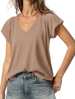 ANRABESS Womens Summer Tops V Neck Cap Sleeve Basic T Shirts Casual Dressy Loose Cute Tee Shirt 2025 Trendy Clothes Khaki Large