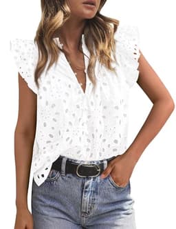 PRETTYGARDEN Womens Summer Tops 2025 Dressy Casual Ruffle Cap Sleeve Button V Neck Embroidered Eyelet Blouses Shirts(White,Large)