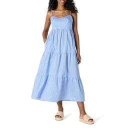 Amazon Essentials Women's Fit and Flare Empire Waisted Cotton Sateen Tiered Maxi Dress, Blue White Stripe, Large