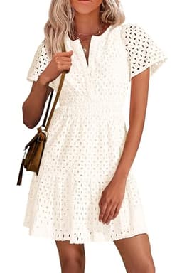 PRETTYGARDEN Womens 2025 Summer Short Dress V Neck Short Sleeve A Line Hollow Out Lace Ruffle Cute Casual Beach Party Dresses (White,X-Large)