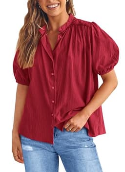 PRETTYGARDEN Women's Summer Button Down Shirts Short Lantern Sleeve V Neck Cotton Cute Dressy Casual Ladies Tops Blouses (Dark Red,Large)