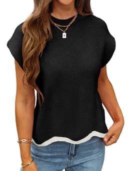 Saodimallsu Womens Cap Sleeve Knit Tops Casual Sleeveless Color Block Crew Neck Loose Fit Summer Trendy Sweater Vest Black