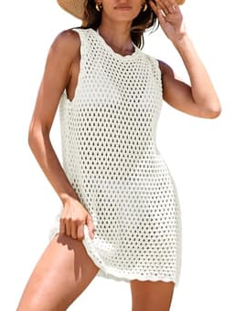 ANRABESS Womens Swimsuit Cover Up Sleeveless Knit 2025 Summer Outfits Swimwear Bathing Suit Coverup Crochet Beach Dress White X-Large