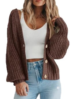 PRETTYGARDEN Long Sleeve Button Up Womens Sweaters Fall 2024 Open Front Plain Cardigans Sweaters Loose Soft Knit Coat Outerwear(Brown,Large)