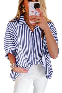 Women Blue 2025 Summer Stripe Dolman Sleeve V Neck Oversize Shirt Tops Casual Button Up Short Sleeve Striped Blouse