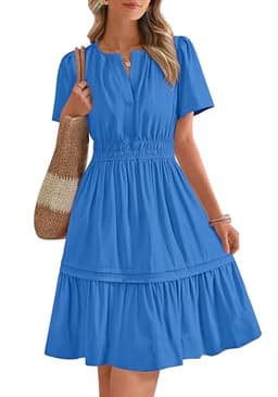BTFBM Women's Casual Dresses 2025 Summer Spring V Neck Short Sleeve Sundress Smocked Waist A Line Tiered Mini Dress(Royal Blue, Large)