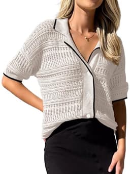 ARTFREE Women's Short Sleeve Cardigan Sweaters Summer Casual Button Down Shirts V Neck Hollow Out Tops Knit Sweater Blouse Light Apricot