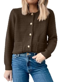 ANRABESS Women's Tweed Knit Cardigan Sweater Casual Long Sleeve Cropped Button Down Lady Jackets 2025 Spring Fashion Outwear Coffee Large