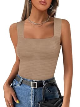 ANRABESS Tank Tops for Women 2025 Summer Square Neck Rib Knit Sleeveless Basic Slim Fit Shirts Casual Top Trendy Outfits Large Khaki