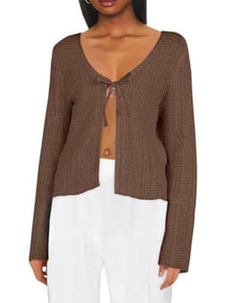 Saodimallsu Womens Summer Crochet Lightweight Cardigans Tie Front Mesh Knit Long Sleeve Casual V Neck Beach Cover Ups