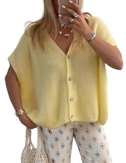 Gihuo Women's Short Sleeve Sweater Cardigan Y2K Button Down Ribbed Knit Sweaters V Neck Oversized Going Out Tops(Yellow-L)