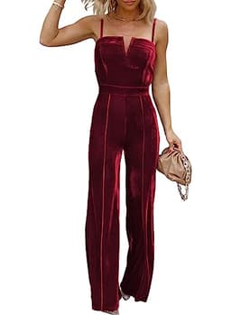 BLENCOT Sleeveless Velvet Jumpsuits For Women V Neck Spaghetti Straps Wide Leg Long Pants Dressy Rompers Winter Overalls Red X-Large