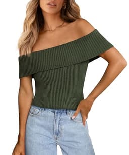 PRETTYGARDEN Women's 2025 Summer Off Shoulder Sweater Tops Ribbed Knit Short Sleeve Trendy Going Out Date Night Blouse (Army Green,Large)