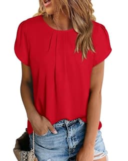 PRETTYGARDEN Women's Tops 2025 Casual Summer Round Neck Short Sleeve Basic Pleated Loose Fit Blouses Plain Tunic Shirts(Red,Large)