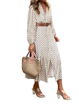 LOLONG Long Sleeve Dress for Women Fall Casual Button Front Printed Ruffle Hem Boho Flowy Midi Dresses with Belts Vacation Trendy