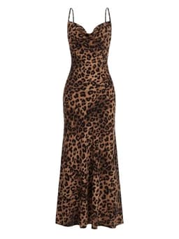Floerns Women's Leopard Print Draped Collar Spaghetti Strap Cami Long Dress Brown XL