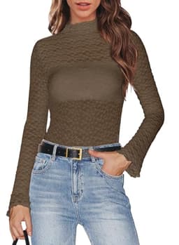 MIHOLL Womens Fall Tops 2024 Mesh Long Sleeve Tops Lace Layering Top Floral Casual Slim Blouses Shirts Brown L