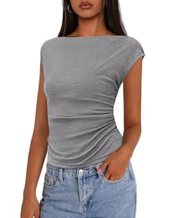PRETTYGARDEN Women's Ruched Crop Tank Tops 2025 Summer Trendy Cap Sleeve Ribbed Knit Basic Fitted Going Out Tee Shirts (Grey,Large)