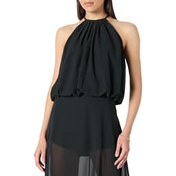 The Drop Women's Black Kory Shirred Neck Chiffon Halter Bubble Top, L
