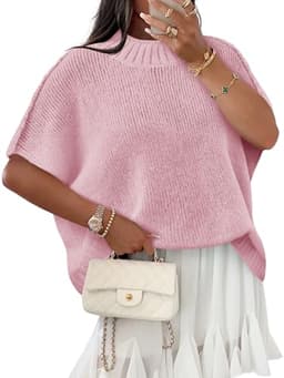 Saodimallsu Womens Oversized Sweater Tops Summer Lightweight Batwing Half Sleeve Casual Loose Knit Pullover Shirts Pink