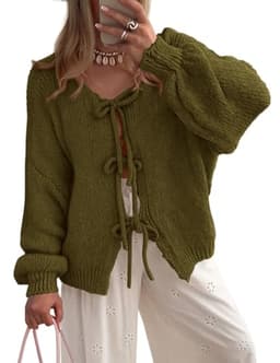 PRETTYGARDEN Women's Tie Front Bow Cardigan Sweaters Chunky Knit Long Puff Sleeve Trendy Fall Winter Jacket Coats (Army Green,Large)