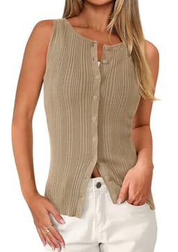 PRETTYGARDEN Women's Ribbed Tank Tops Summer 2025 Open Front Button Down Sleeveless Shirts Going Out Spring Fashion Vest Tops(Camel,Large)