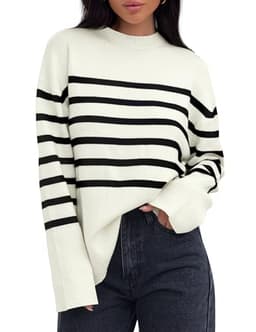 ZESICA Women's Fall Winter Striped Long Sleeve Crew Neck Ribbed Knit Side Slit Oversized Pullover Sweater Jumper Top,Beige,Large