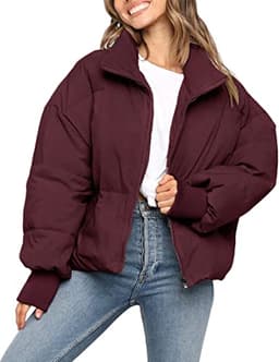 ZESICA Women's Winter Warm Long Sleeve Zip Up Drawsting Baggy Cropped Puffer Down Jacket Coat Outerwear,Wine,Large