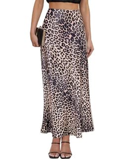 Women's Leopard Print Satin Maxi Skirt High Waisted Elastic Waistband Silk A-Line Casual Party 2025 Summer Long Skirts（Leopard Khaki02, X-Large）
