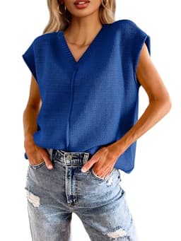Saodimallsu Womens Summer Cap Sleeve Tops V Neck Casual Loose Fit Knit Lightweight Going Out Sweater Pullover Top Navy