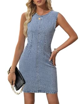 NENONA Womens Sleeveless Denim Mini Dress Casual Stretchy Waist Tank Jean Dresses,Greyblue,XL
