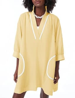 Ailoqing Swimsuit Coverup for Women V Neck 3/4 Sleeve Casual Shirt Dress with Pockets(Yellow-L)