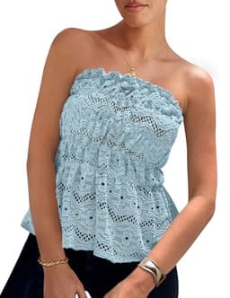 PRETTYGARDEN Women's Boho Tube Tops 2025 Summer Strapless Off Shoulder Eyelet Smocked Peplum Trendy Going Out Bandeau Top (Light Blue,Large)