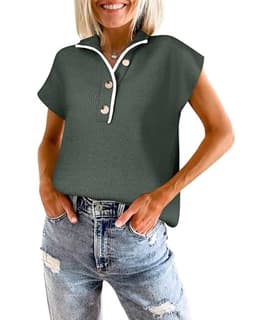 ANRABESS Womens Short Sleeve Sweaters V Neck Button Down Pullover Sweater Tops Loose Casual Knit 2025 Summer Outfits Forest Green S