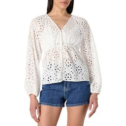 The Drop Women’s Kerena Tie Front Balloon Sleeve Blouse, White Eyelet, L