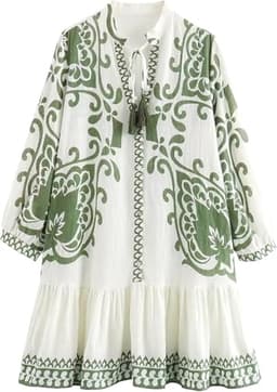 Pinclodly Long Sleeve Dress for Women Tile Print Button Down Dress Ruffle Hem Flowy Sundress Bohemian Short Beach Dresses