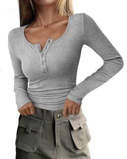 PRETTYGARDEN Women's 2025 Spring Fall Long Sleeve Henley T Shirts Button Ribbed Knit Slim Fit Casual Basic Tops Blouse (Grey,X-Large)