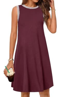 MEROKEETY Women's 2025 Summer Spring Casual Sundress Beach Vacation Sleeveless Tank Crewneck Coverup Mini Dresses, Wine, Large