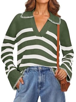 MEROKEETY Women's 2024 Fall Oversized Striped Sweater Collared V Neck Long Sleeve Trendy Knit Pullover Tops, ArmyGreen, Large