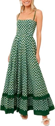 Women Cute Graffiti Patterned Dress Boho Spaghetti Strap Flroal Flowy Maxi Dress Y2k Summer Picnic Long Sun Dresses Blackish Green
