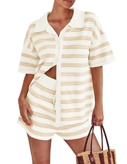 PRETTYGARDEN Women's 2 Piece Shorts Sets Casual Summer 2025 Short Sleeve Striped Sweater Set Matching Beach Vacation Outfit (Apricot,X-Large)