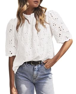 PRETTYGARDEN Summer Tops for Women 2025 Trendy Short Sleeve Eyelet Embroidered Dressy Casual Blouse Shirts (White,Large)