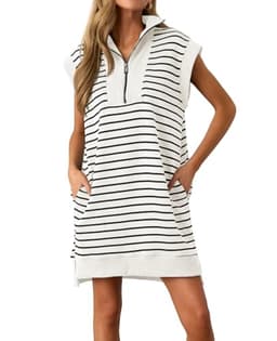 Wenrine Womens Striped Mini Dress Casual Zipper V Neck Cap Sleeve Collared Loose Summer Knit Dresses White