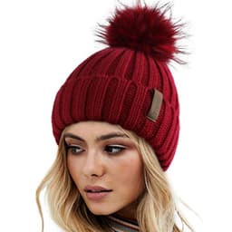 FURTALK Womens Winter Knitted Beanie Hat with Faux Fur Pom Warm Knit Skull Cap Beanie for Women 08-Wine Red One Size