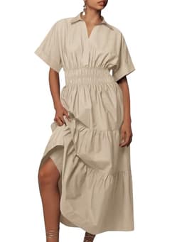 Wenrine Womens Summer Short Sleeve Maxi Dresses Casual V Neck Smocked Loose Tiered Flowy Shirt Dress with Pockets Khaki